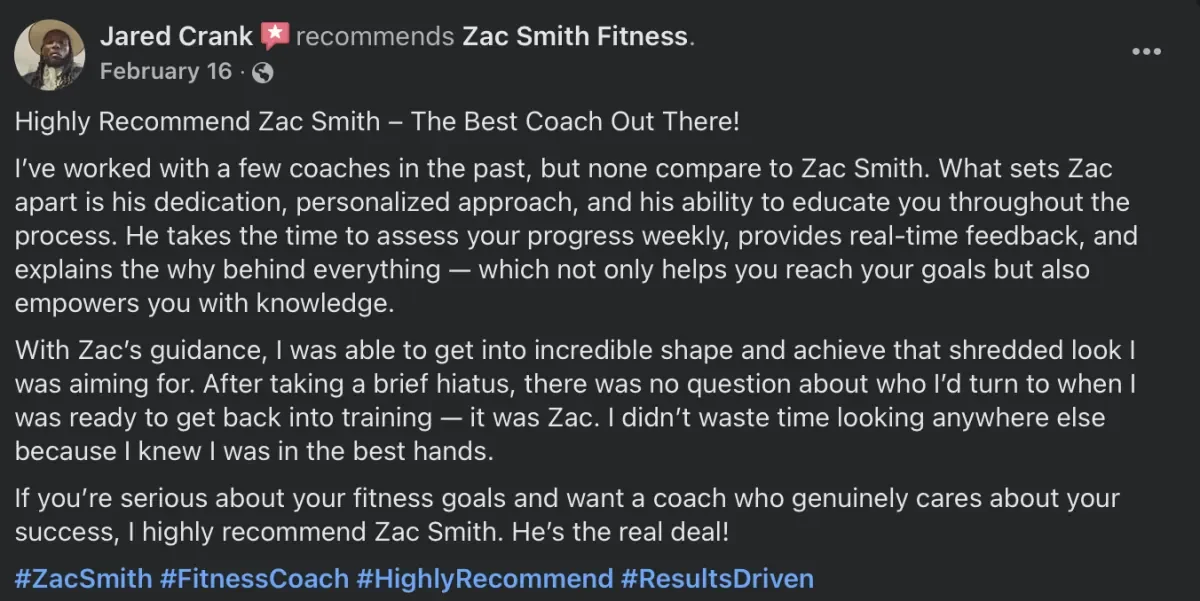 Client review posted on Facebook
